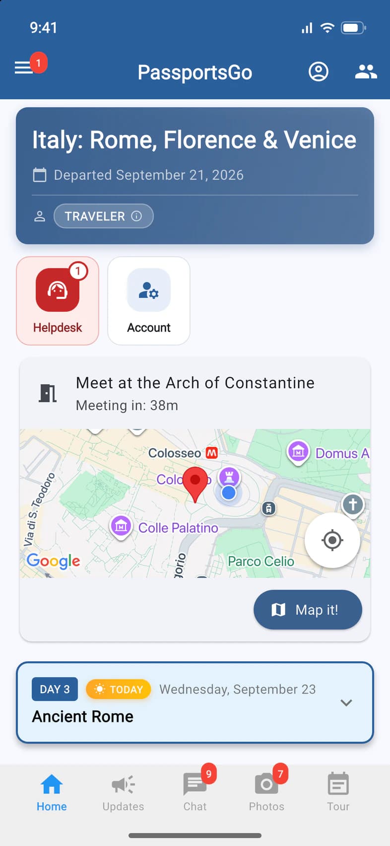 A traveler's Home: the meeting point card with its map and Map it!, above today's plan