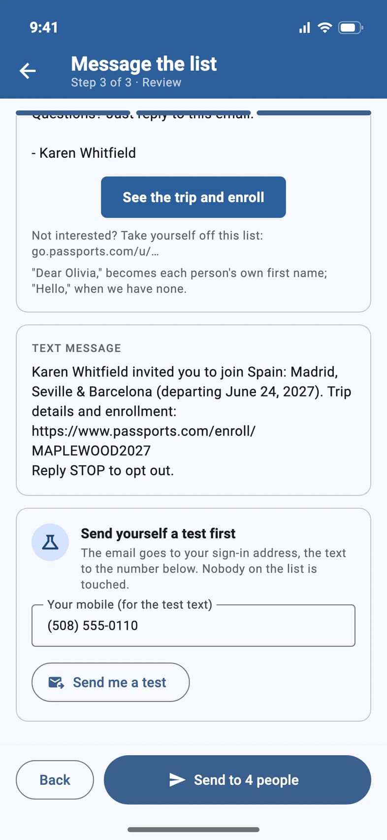 Step 3 of 3: the email preview with a See the trip and enroll button and an opt-out line, the text message preview ending Reply STOP to opt out, Send me a test, and Send to 4 people