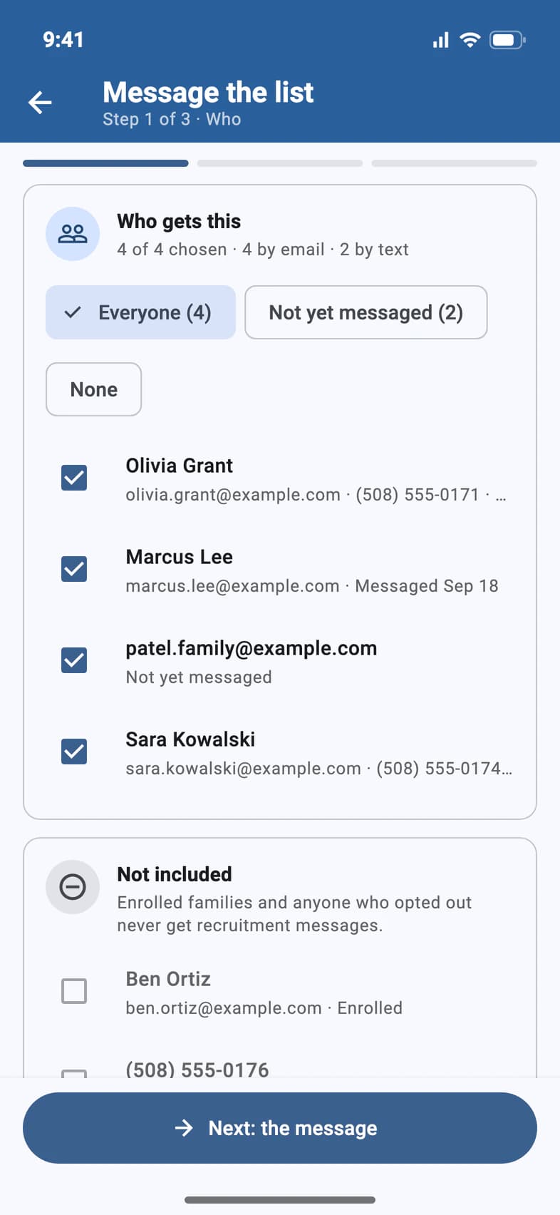 Message the list, step 1 of 3: Who gets this, with Everyone (4) selected, Not yet messaged (2) and None, four people ticked, and Not included listing the enrolled and opted-out contacts