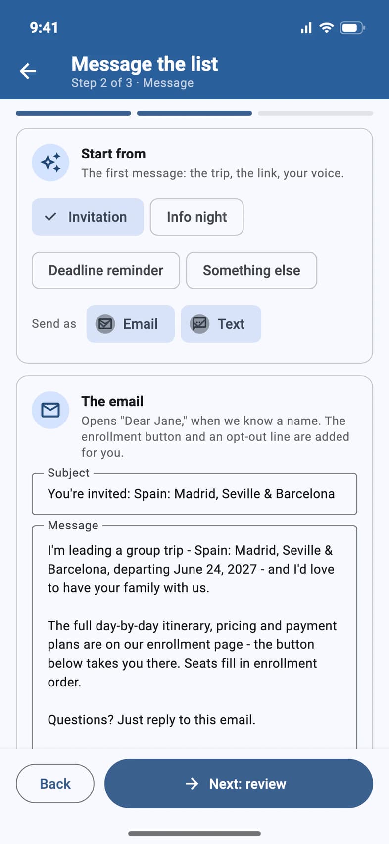 Step 2 of 3: Start from Invitation, Info night, Deadline reminder or Something else; Send as Email and Text; the email's subject and message, written for the trip