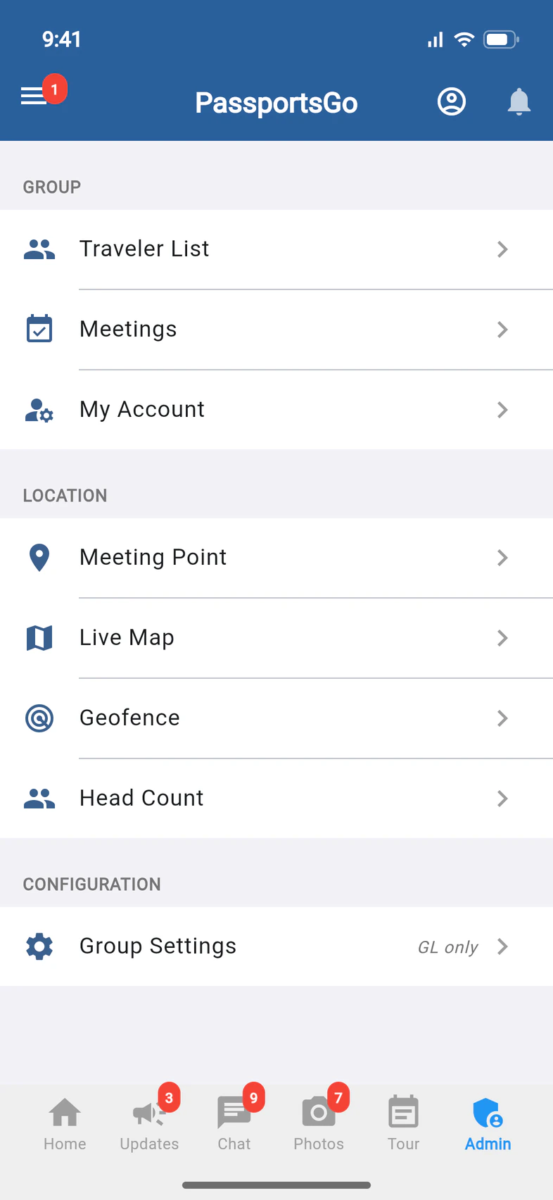 The Admin tab in PassportsGo: the Group section with Traveler List, Meetings and My Account, then Location and Configuration