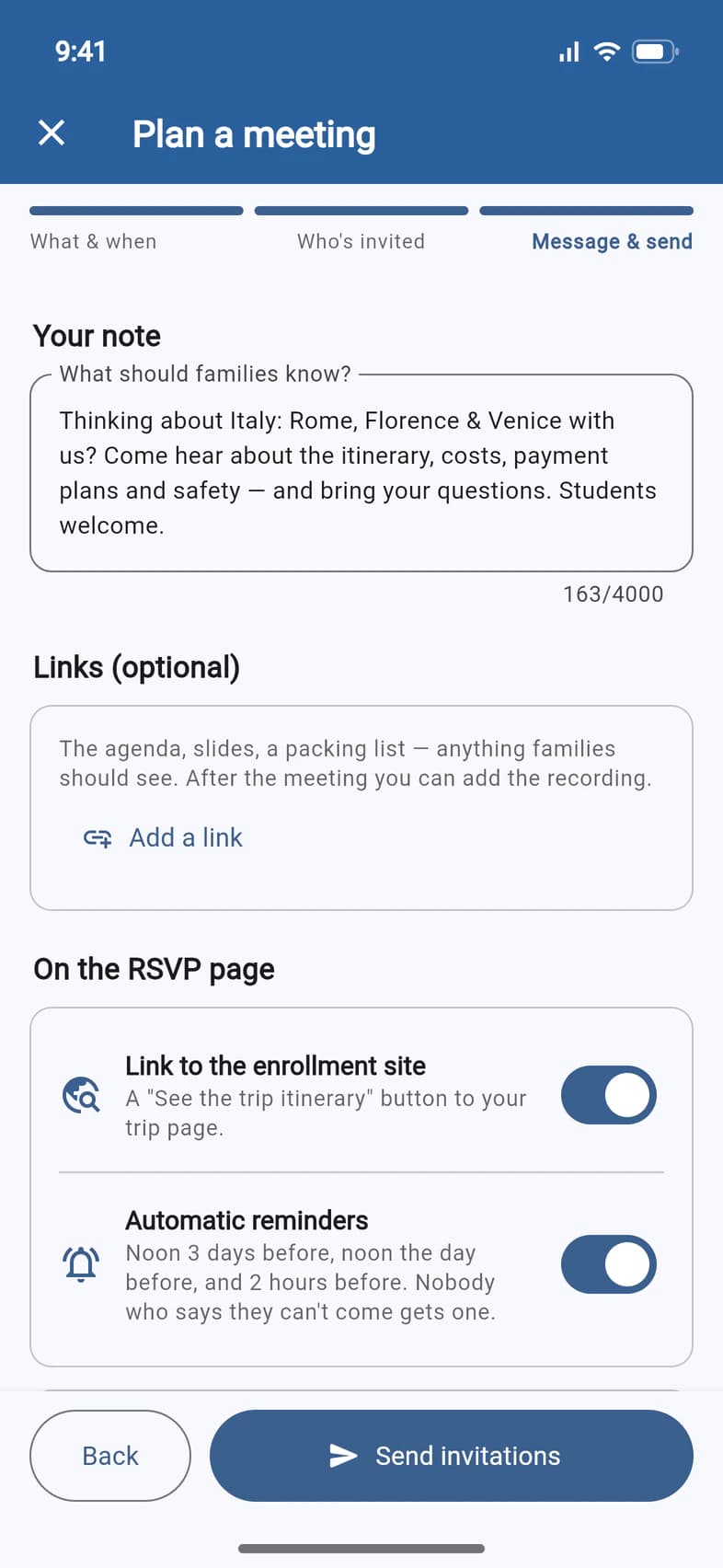 Message & send: the note about the Italy trip, Links (optional) with Add a link, and the switches Link to the enrollment site and Automatic reminders, both on