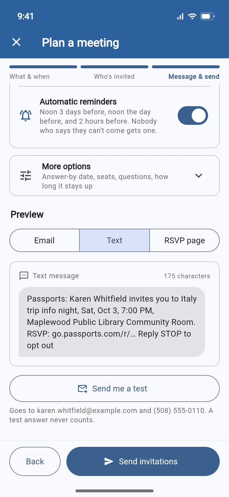 The end of Message & send: More options, the Preview with Text selected showing the invitation text, Send me a test, and the Send invitations button