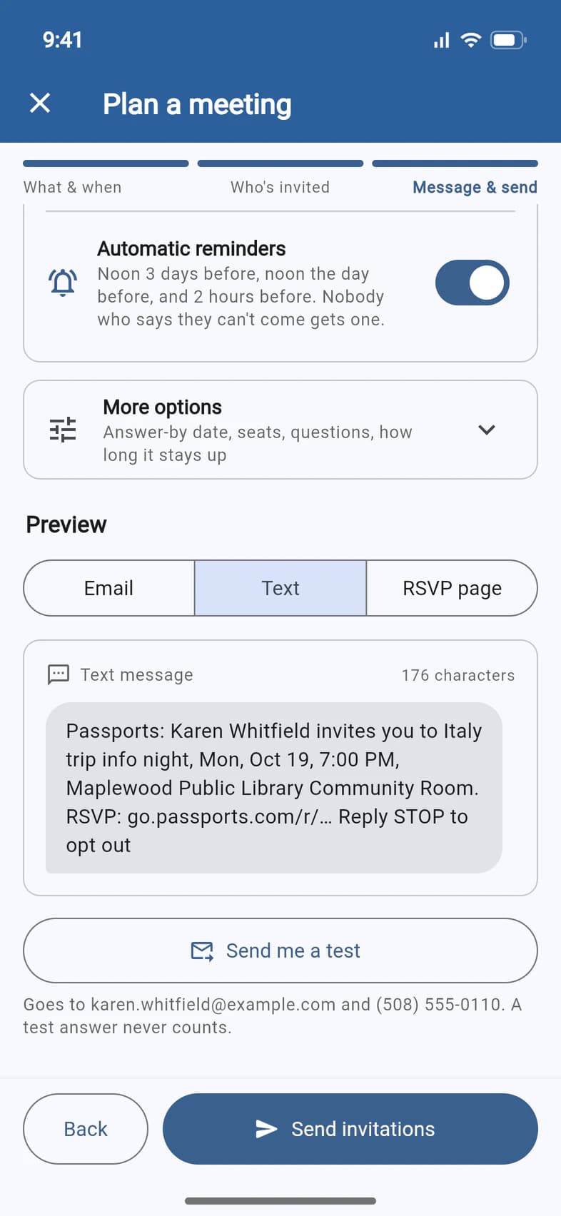 The end of Message & send: More options, the Preview with Text selected showing the invitation text, Send me a test, and the Send invitations button