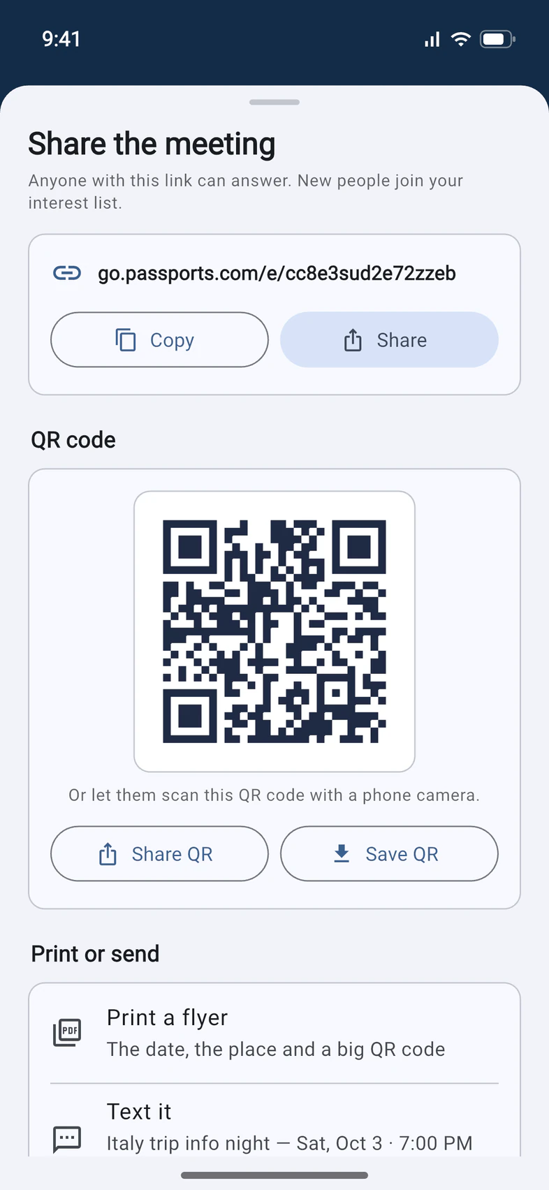 Share the meeting: the link go.passports.com/e/… with Copy and Share, its QR code with Share QR and Save QR, and Print a flyer and Text it