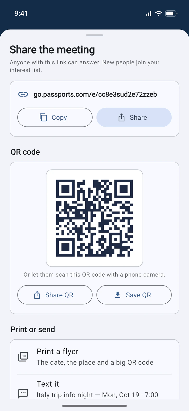 Share the meeting: the meeting's link with Copy and Share, its QR code with Share QR and Save QR, and Print a flyer and Text it