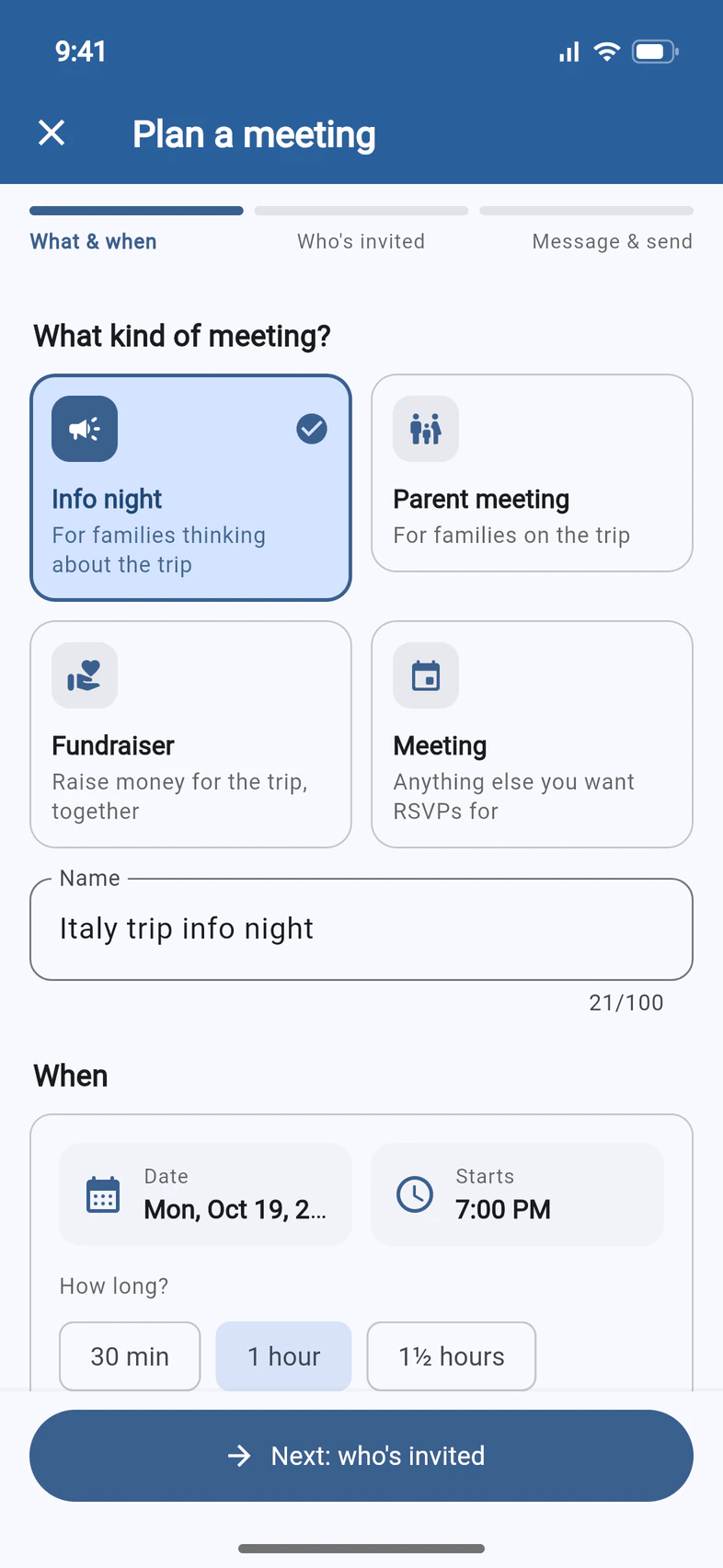 Plan a meeting, What & when: four kinds (Info night, selected, Parent meeting, Fundraiser and Meeting), the name Italy trip info night, and the date and start time