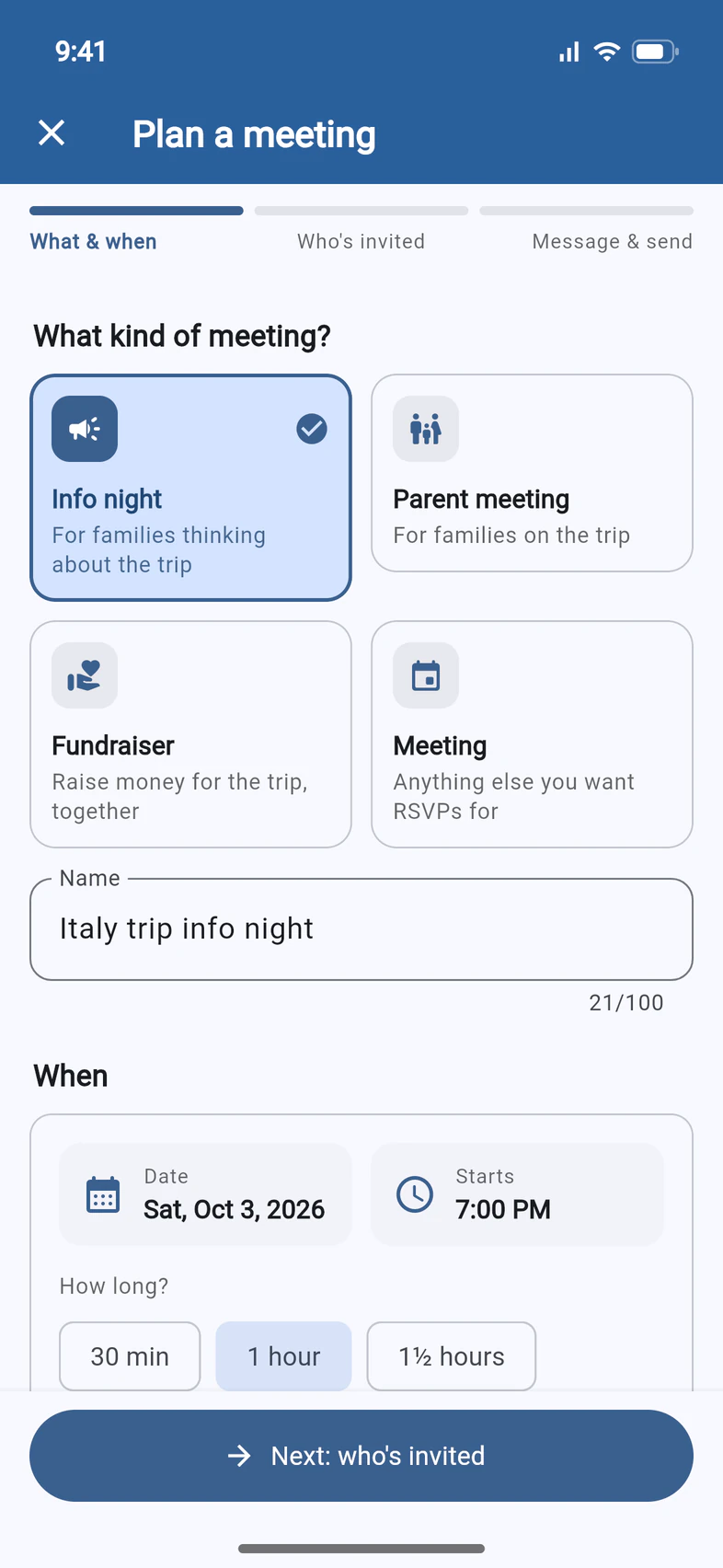 Plan a meeting, What & when: four kinds (Info night, selected, Parent meeting, Fundraiser and Meeting), the name Italy trip info night, and the date and start time