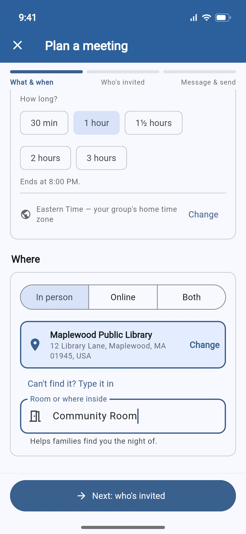 The Where card: In person selected, Maplewood Public Library at 12 Library Lane picked, and Community Room typed as the room