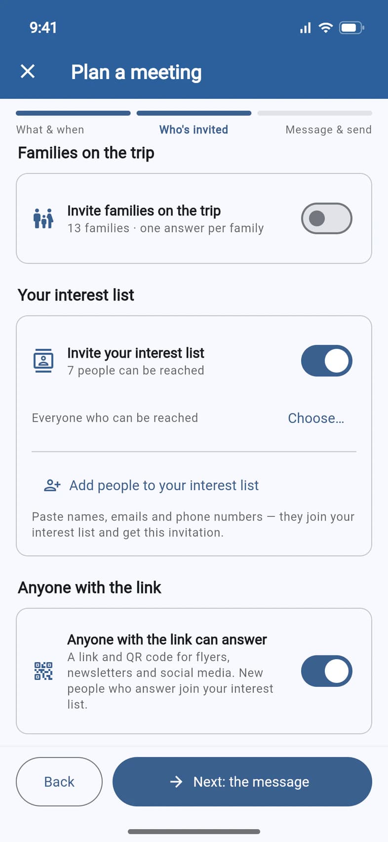Who's invited: Invite families on the trip (13 families, off), Invite your interest list (7 people can be reached, on) with Choose and Add people to your interest list, and Anyone with the link can answer (on)