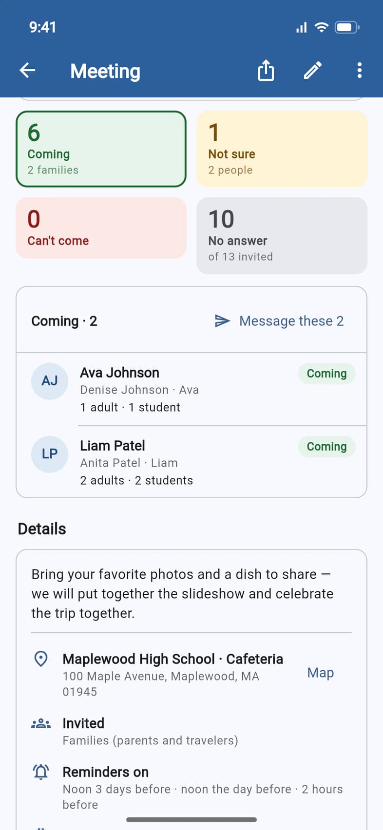 A meeting's answers: 6 coming (2 families), 1 not sure, 0 can't come and 10 no answer of 13 invited; below, the Coming list with Ava Johnson (1 adult, 1 student) and Liam Patel (2 adults, 2 students)
