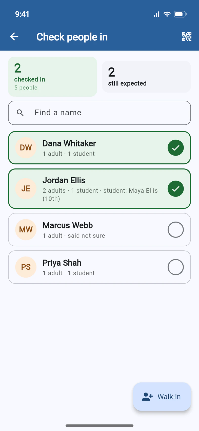 Check people in: 2 checked in (5 people), 2 still expected, a Find a name box, Dana Whitaker and Jordan Ellis checked in green, Marcus Webb and Priya Shah not yet, and a Walk-in button