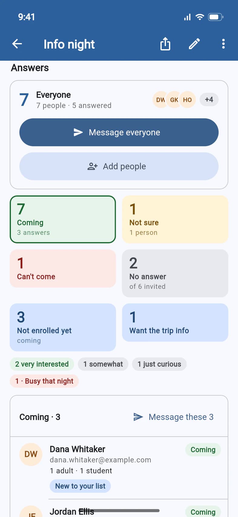 An info night's Answers: Everyone, 7 people · 5 answered, with Message everyone and Add people buttons; below, the tiles Coming, Not sure, Can't come, No answer, Not enrolled yet and Want the trip info