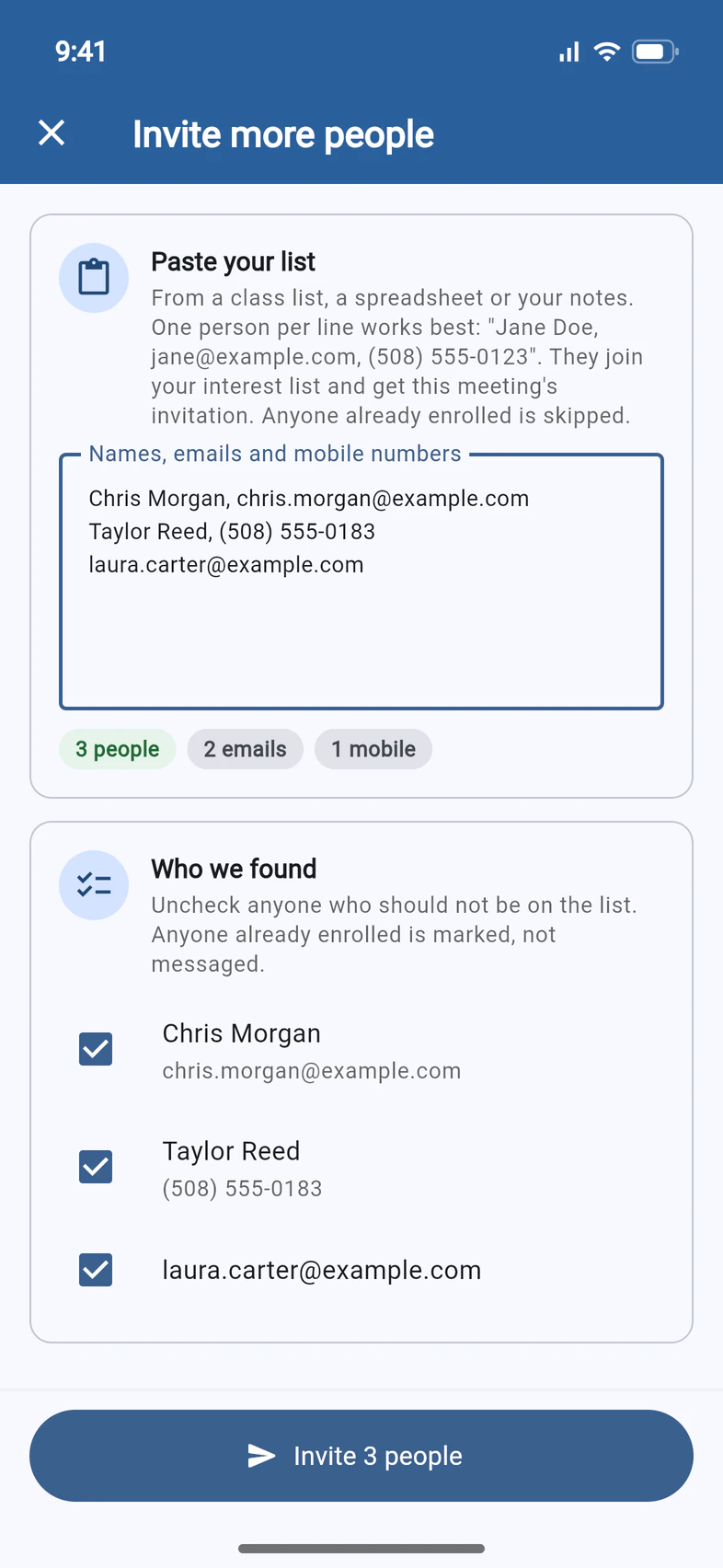 Invite more people: three lines pasted (Chris Morgan with an email, Taylor Reed with a mobile number, and an email on its own), 3 people found, and an Invite 3 people button