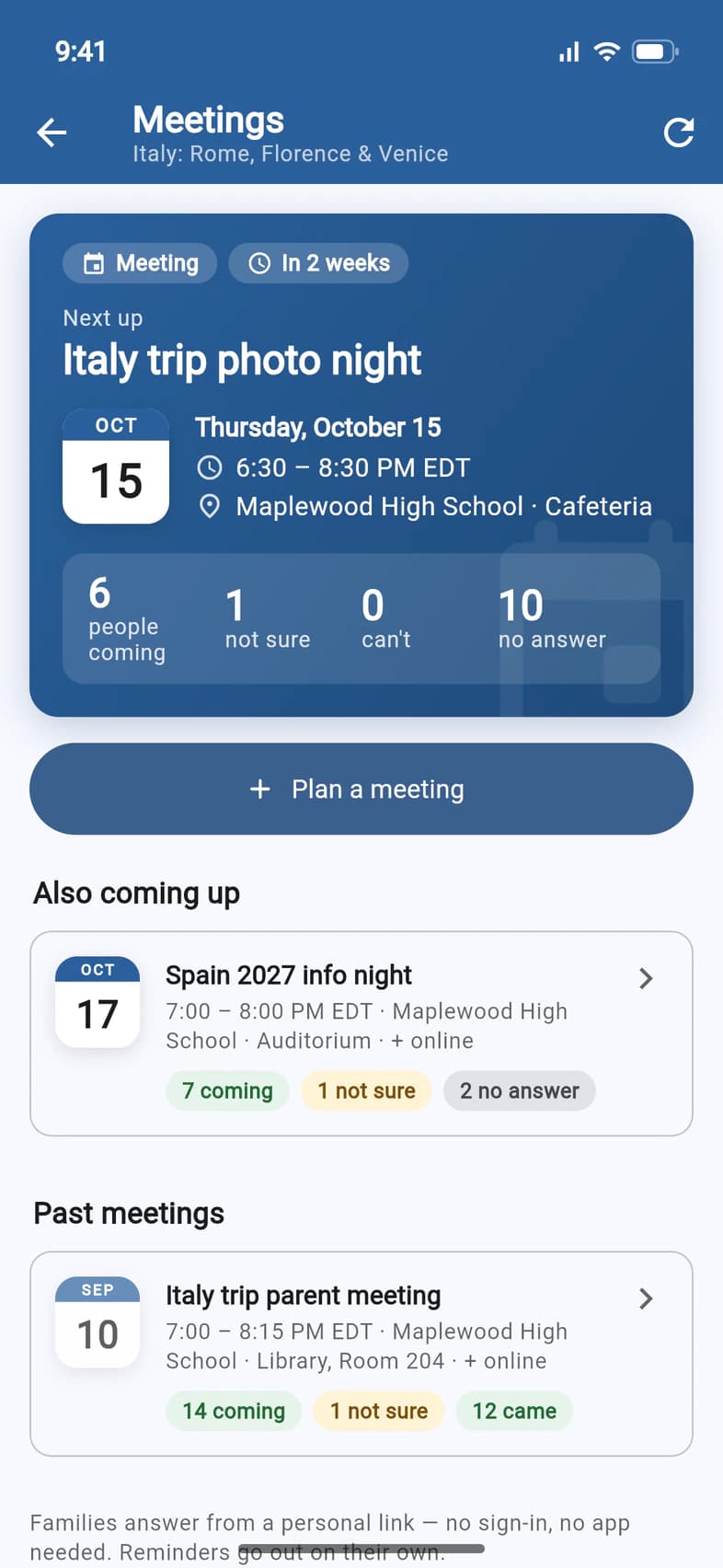 The Meetings page: the Italy trip photo night next up, with 6 people coming, 1 not sure, 0 can't and 10 no answer; below it the Spain 2027 info night and a past parent meeting