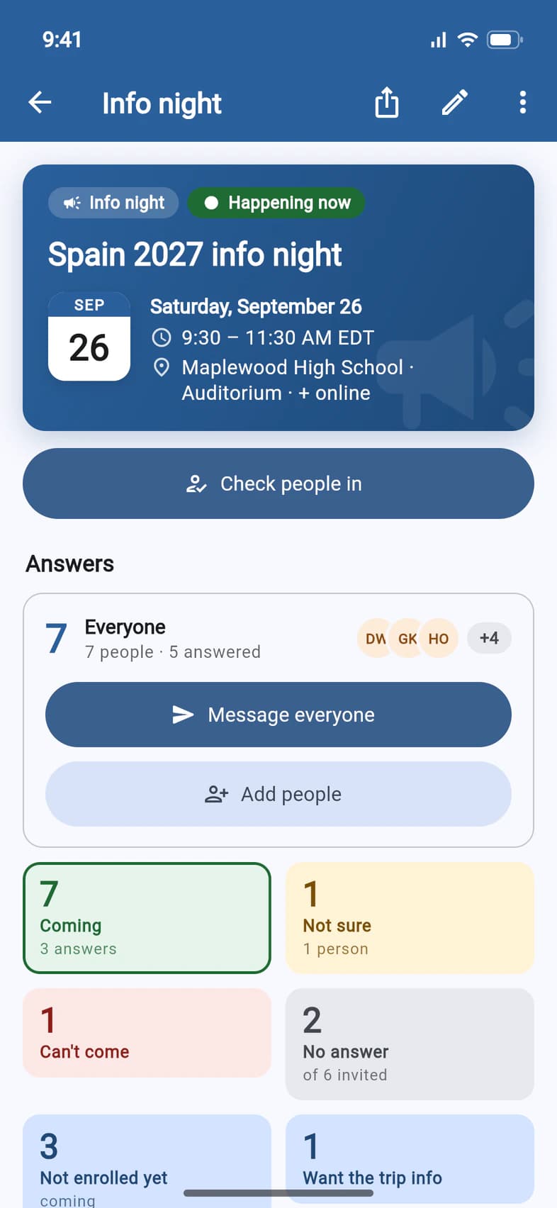 The Spain 2027 info night's page, Happening now, today at Maplewood High School, with a Check people in button under it