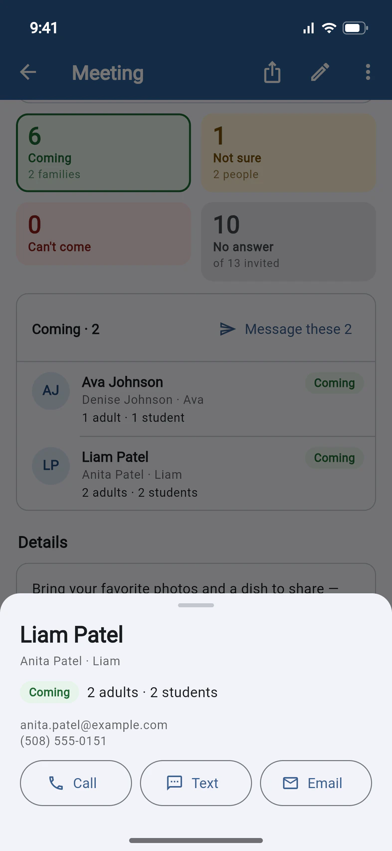 Liam Patel's answer: Anita Patel · Liam, Coming, 2 adults · 2 students, anita.patel@example.com, (508) 555-0151, and Call, Text and Email buttons