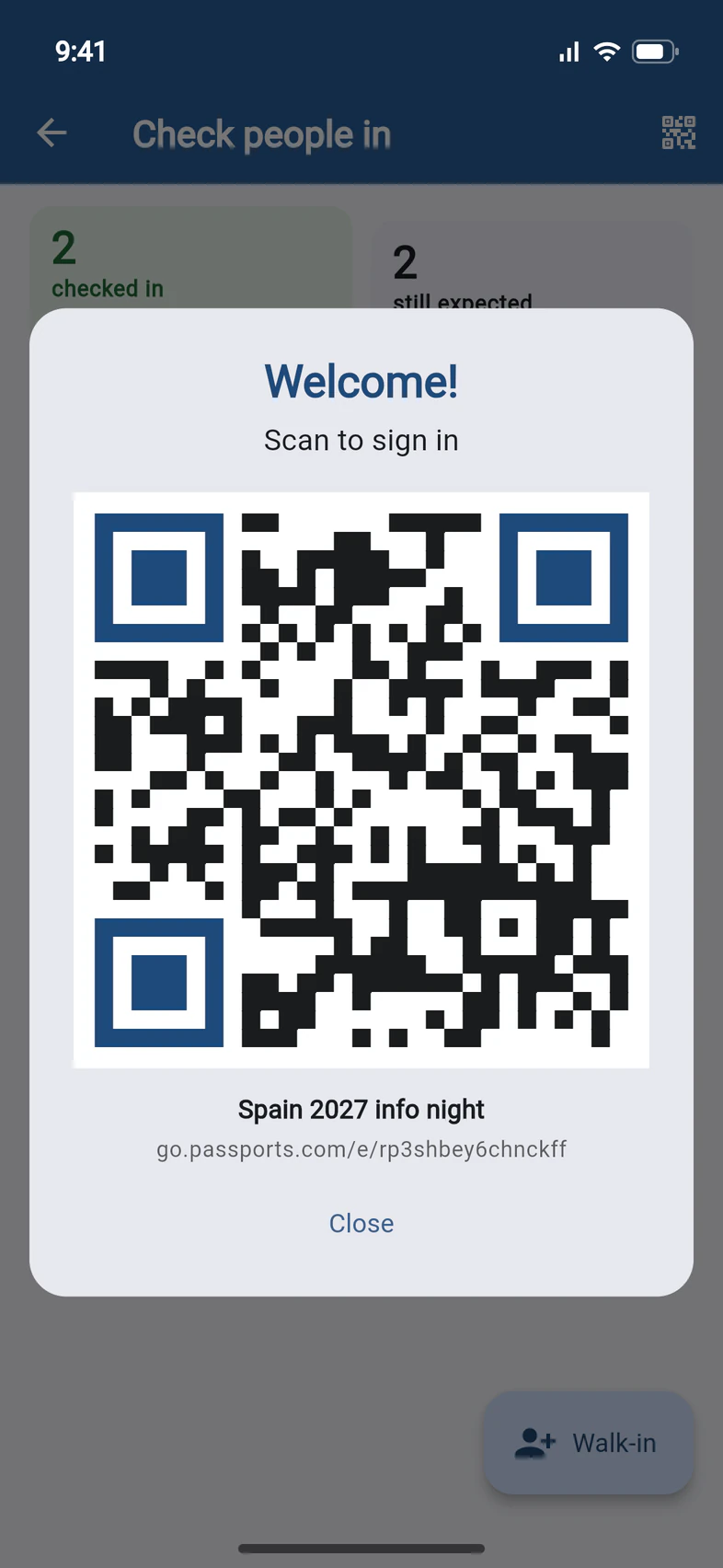 A Welcome! Scan to sign in window with a large QR code, the meeting's name Spain 2027 info night and its go.passports.com address, and a Close button