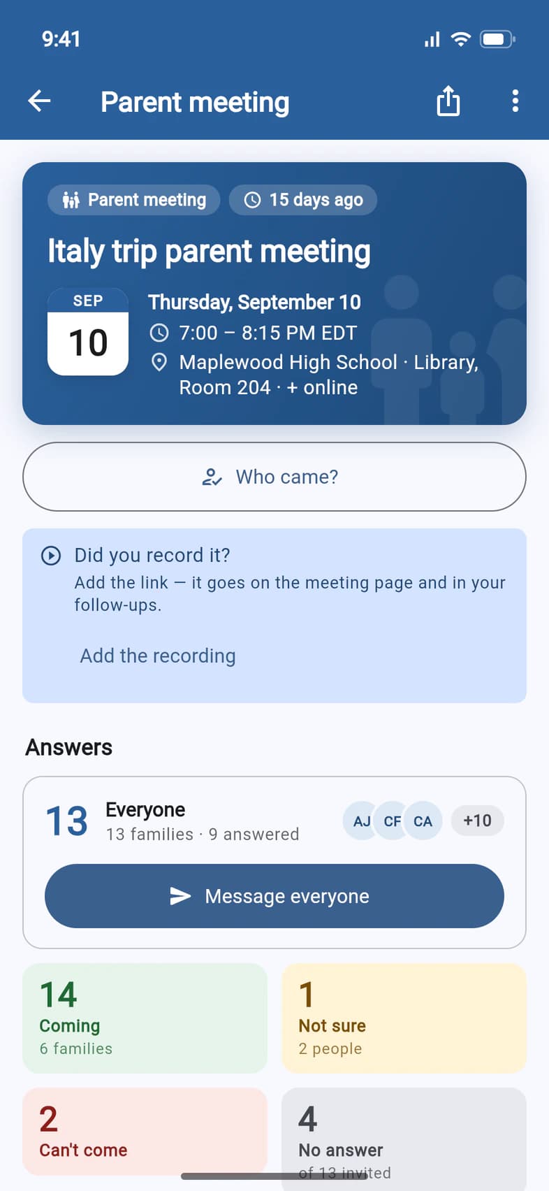 A past parent meeting's page: under the Who came? button, a Did you record it? box with an Add the recording button