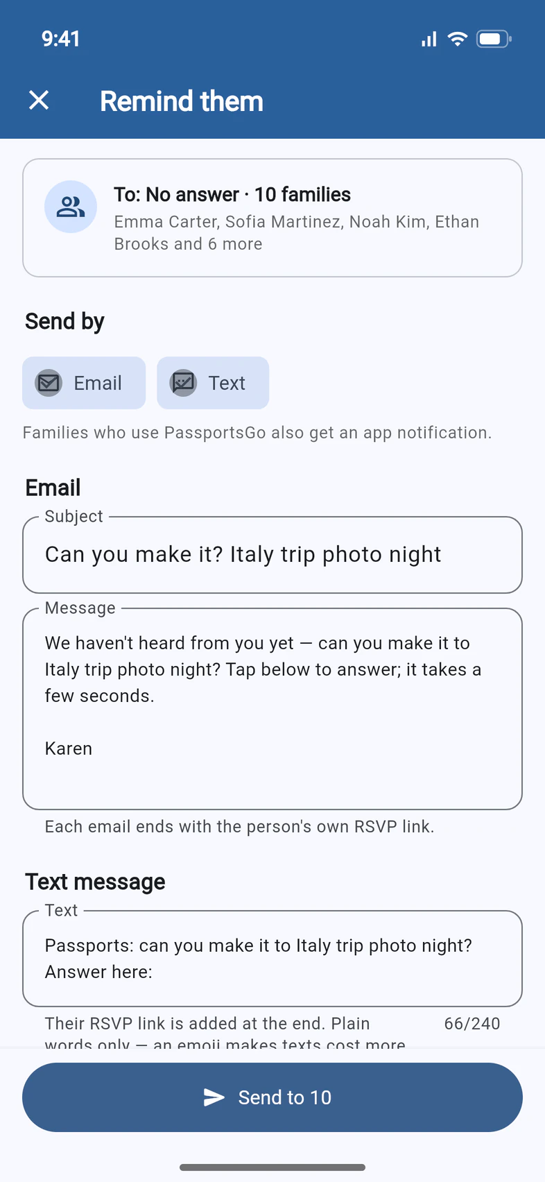 The Remind them screen: To: No answer · 10 families, Send by Email and Text, the email's subject “Can you make it? Italy trip photo night” and its message, the text message, and a Send to 10 button