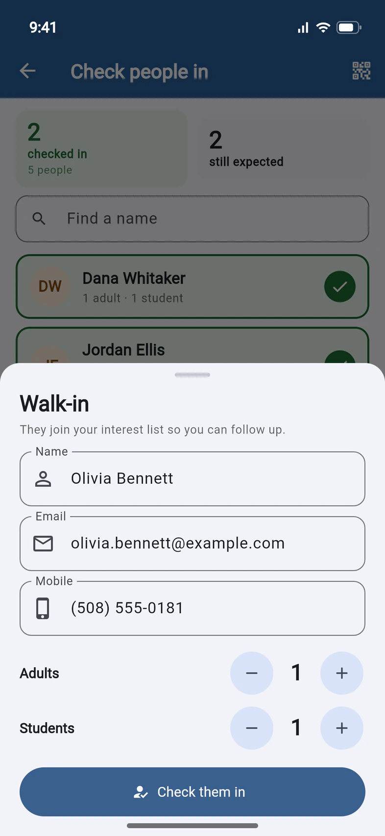 The Walk-in form: Olivia Bennett, olivia.bennett@example.com, (508) 555-0181, 1 adult and 1 student, and a Check them in button