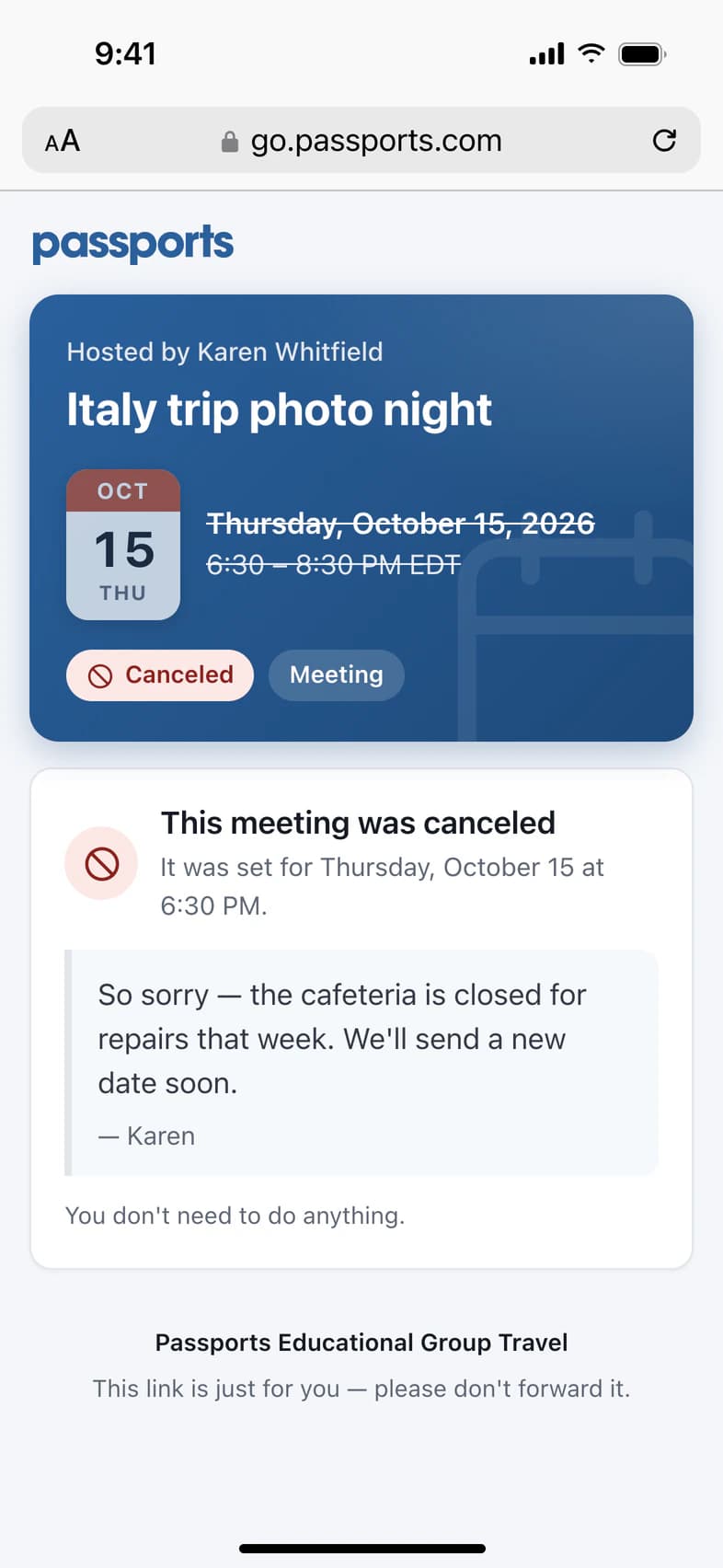 The photo night's page after it was canceled: the date struck through and a Canceled badge, then This meeting was canceled with when it was set for, Karen's note, and You don't need to do anything
