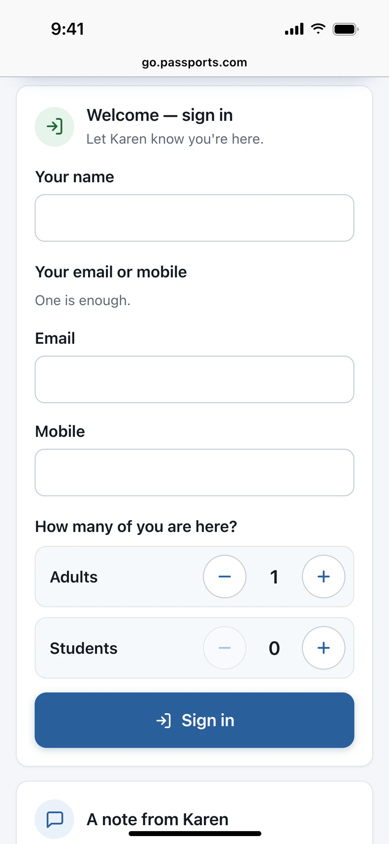 The info night's link during the meeting: Welcome — sign in, Let Karen know you're here, then Your name, Your email or mobile (One is enough), How many of you are here? and a Sign in button