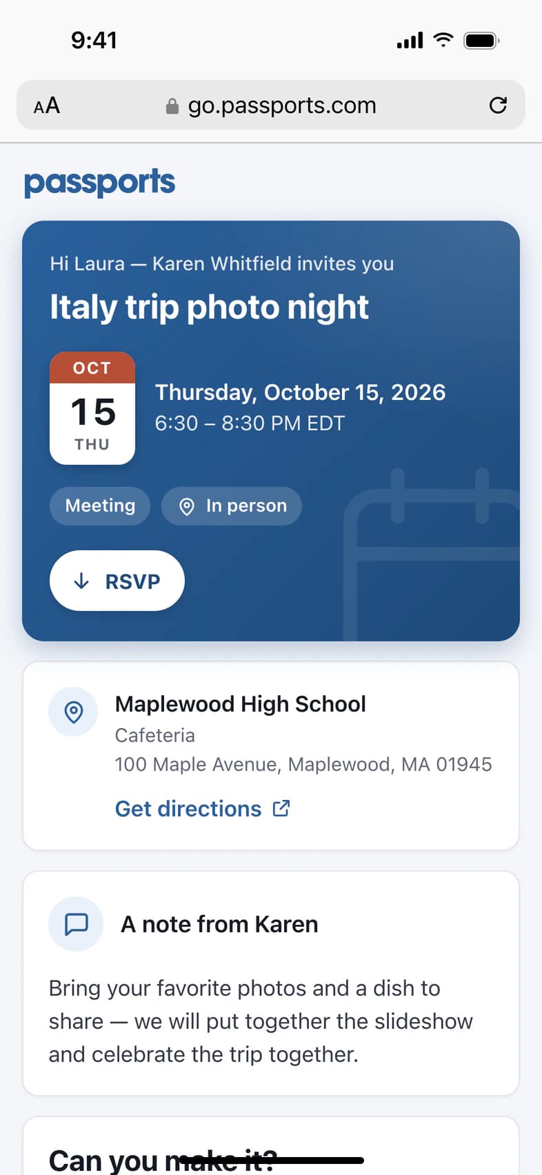 The photo night's RSVP page on go.passports.com in an iPhone's Safari: Hi Laura — Karen Whitfield invites you, Italy trip photo night with its date and time, Meeting and In person, an RSVP button, then the address with Get directions and A note from Karen