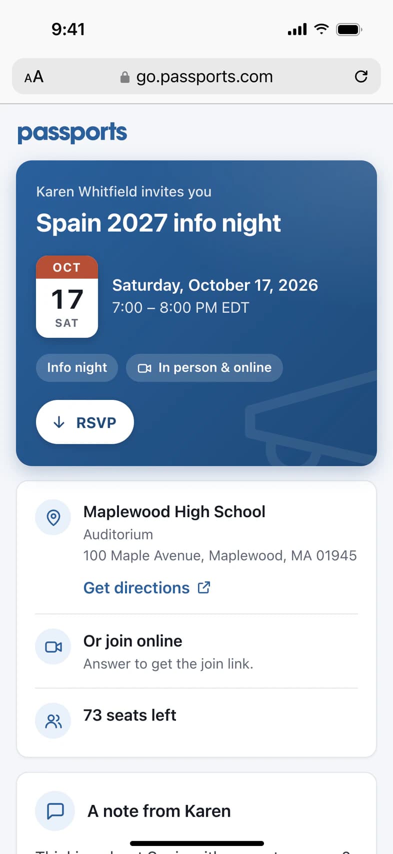 The info night's page opened from its shared link, as a newcomer first sees it in an iPhone's Safari: Karen Whitfield invites you, Spain 2027 info night with its date and time, Info night and In person & online, an RSVP button, then Maplewood High School's Auditorium with Get directions, Or join online: Answer to get the join link, 73 seats left, and A note from Karen