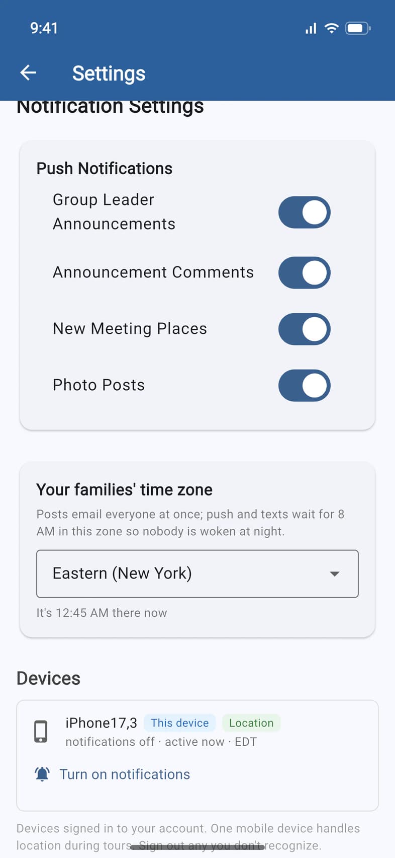 Settings: the notification switches, your families' time zone, and under Devices this iPhone with notifications off and a Turn on notifications button