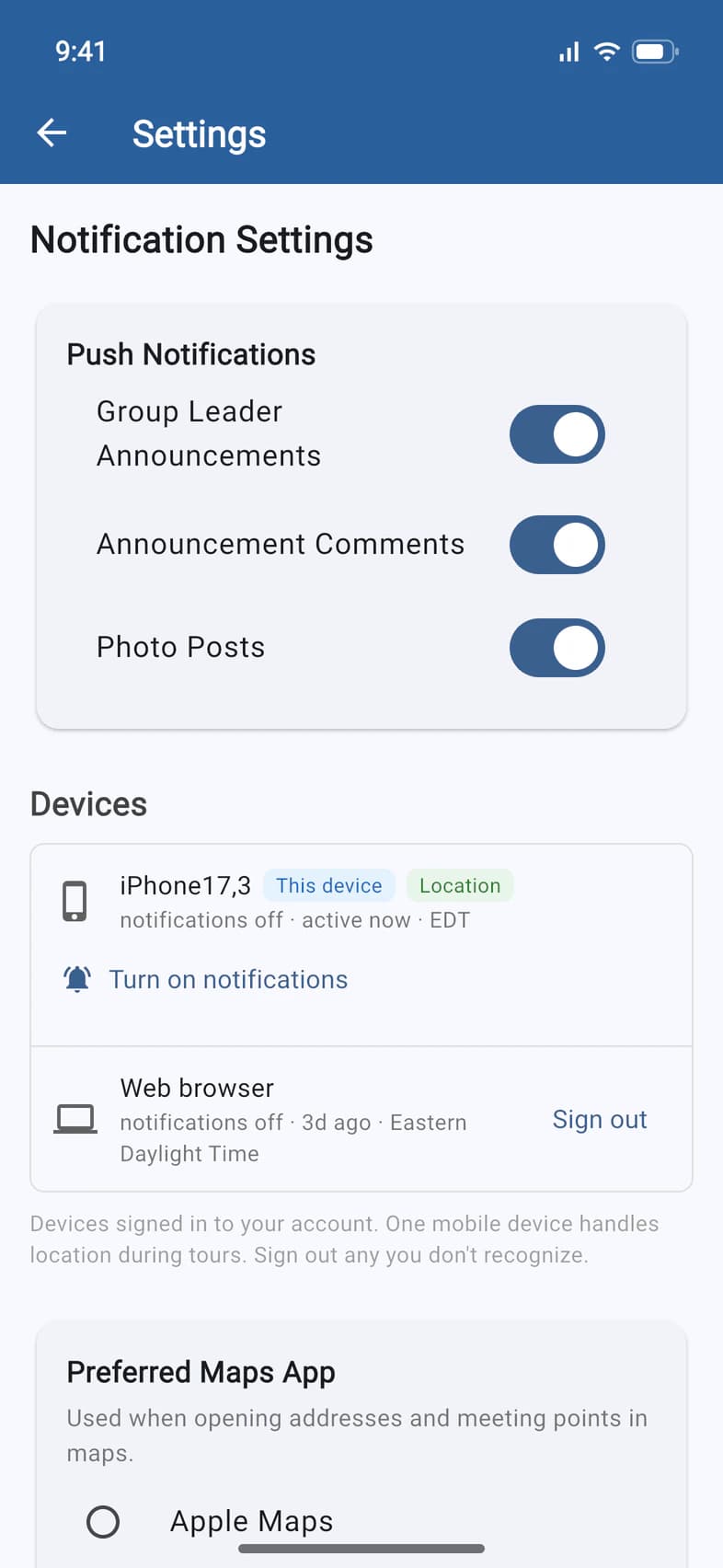 Settings, Devices: this iPhone with notifications off and a Turn on notifications button