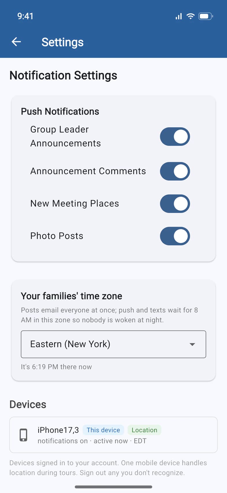 Notification Settings: Group Leader Announcements, Announcement Comments, New Meeting Places and Photo Posts, all on