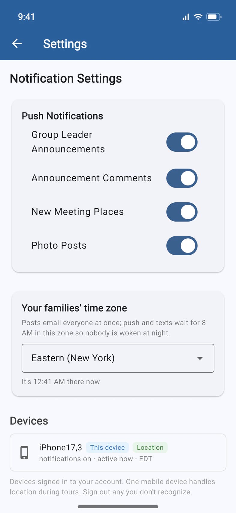 Notification Settings: Group Leader Announcements, Announcement Comments, New Meeting Places and Photo Posts, all on
