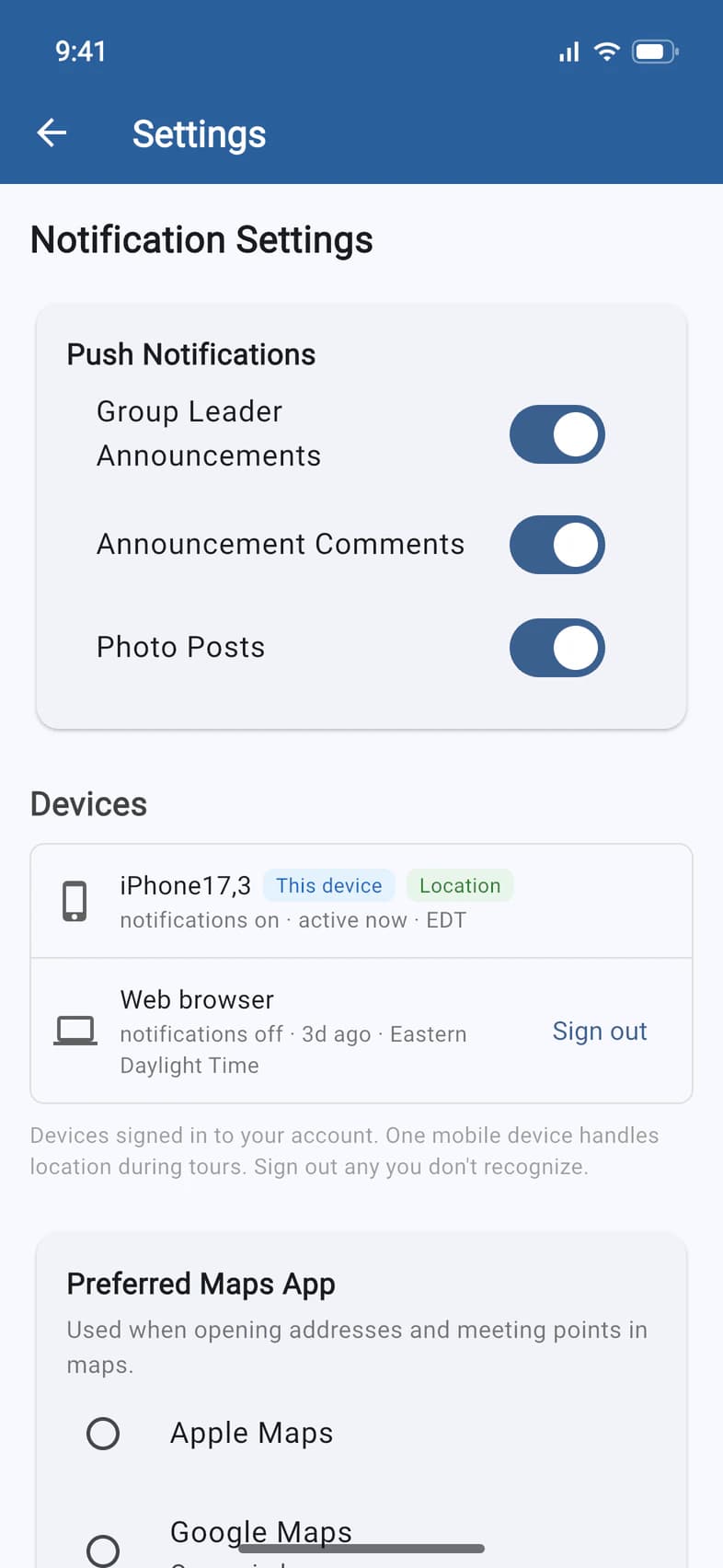 Notification Settings: Push Notifications with Group Leader Announcements, Announcement Comments and Photo Posts, all on