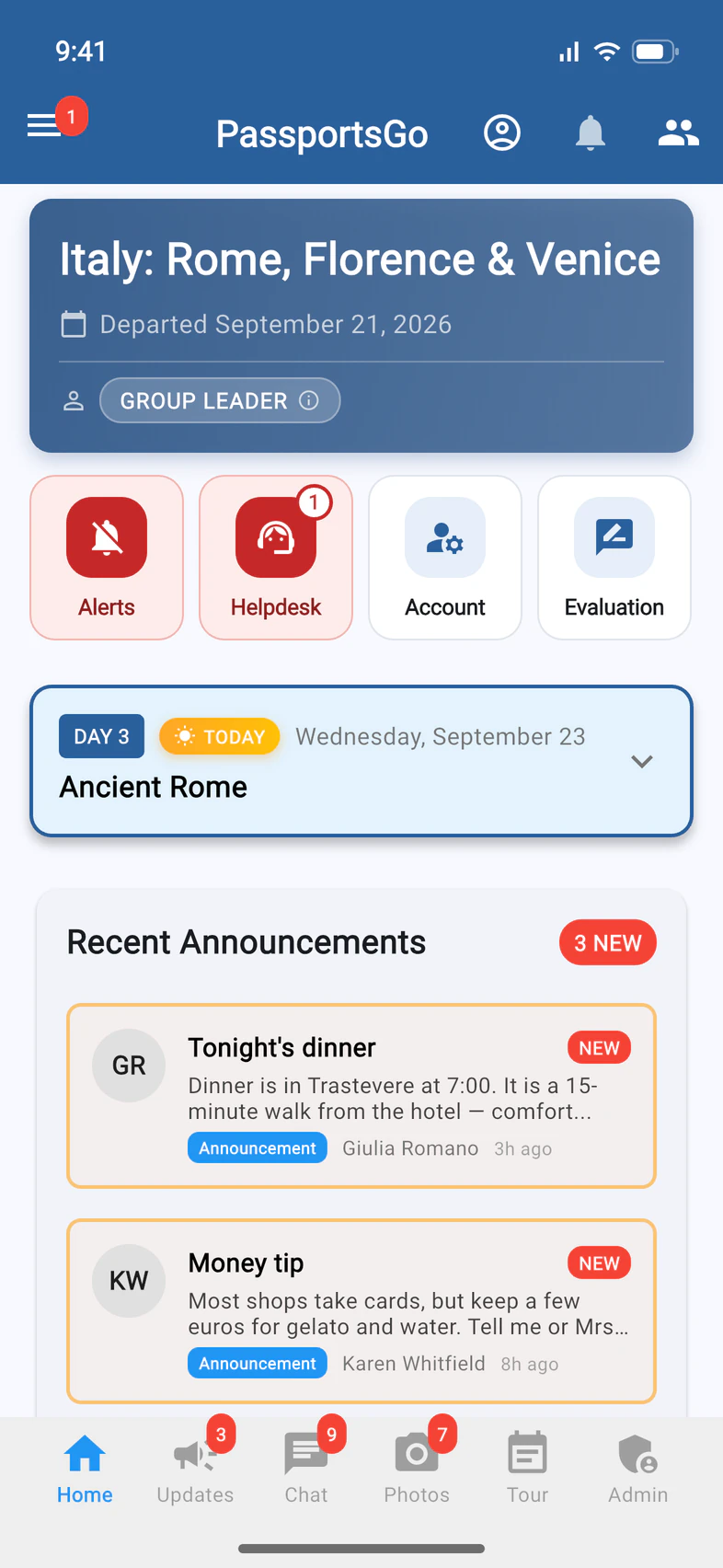 The group leader's Home with a red Alerts tile next to Helpdesk, Account and Evaluation