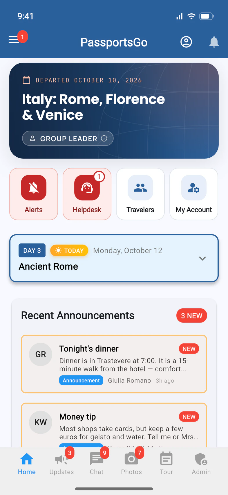 The group leader's Home with a red Alerts tile next to Helpdesk, Travelers and My Account