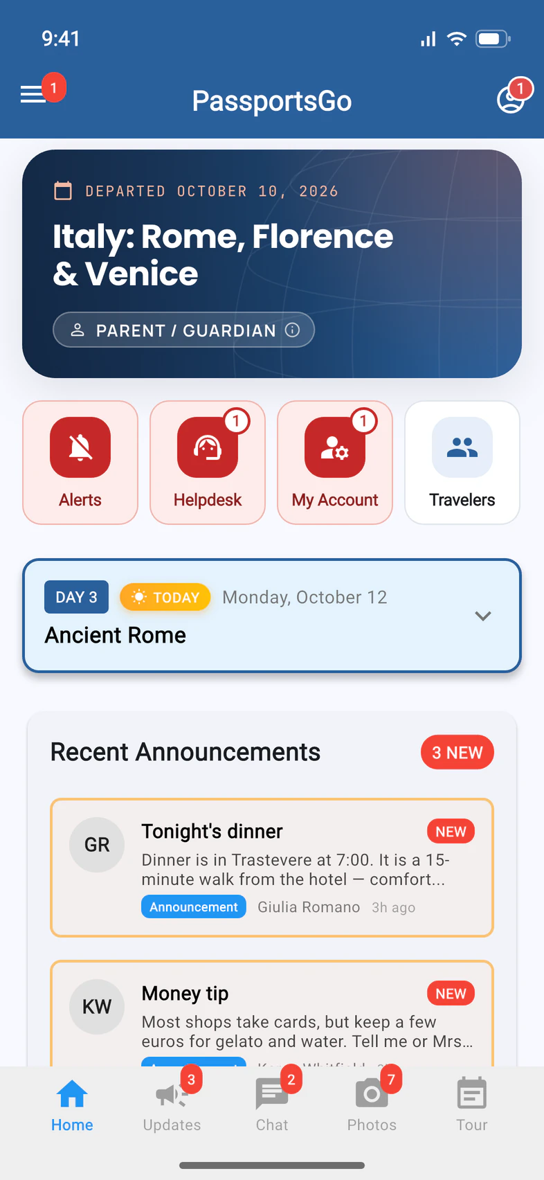 Laura's Home with a red Alerts tile next to Helpdesk, My Account and Travelers