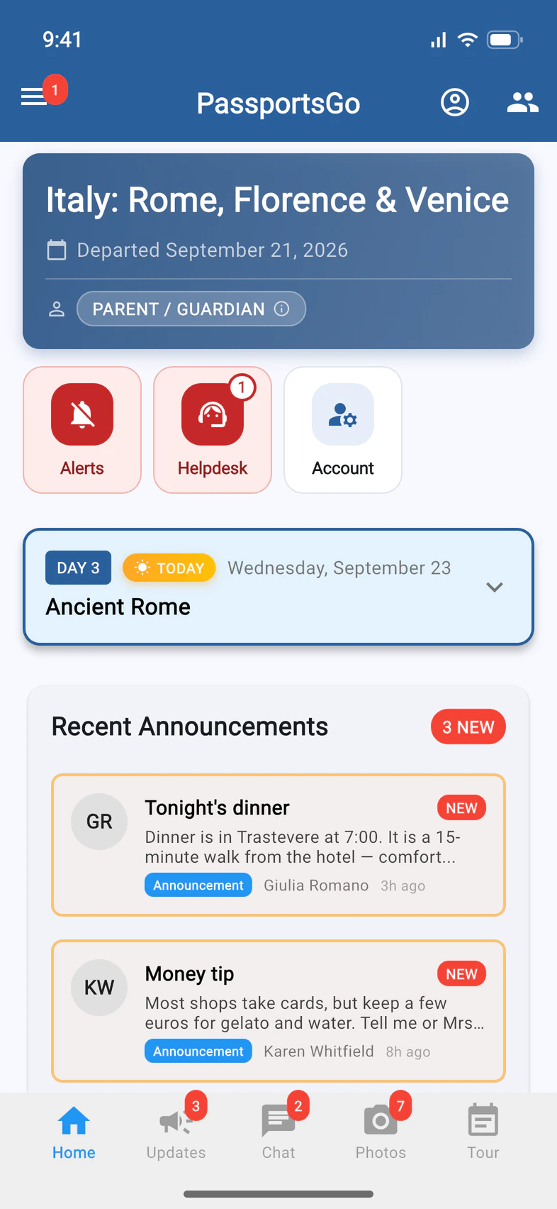 Laura's Home with a red Alerts tile next to Helpdesk and Account
