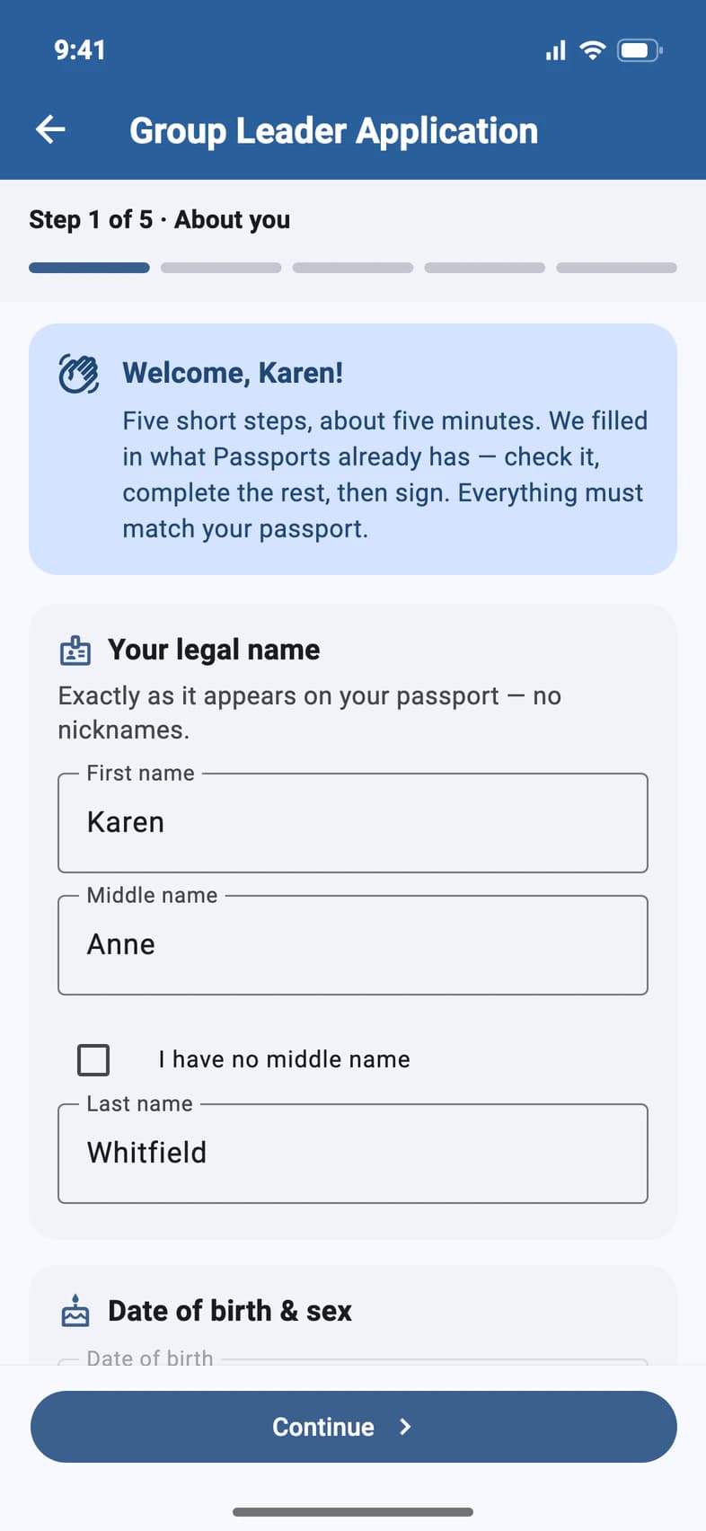 Group Leader Application, Step 1 of 5, About you: Welcome, Karen, five short steps, about five minutes; Your legal name, exactly as it appears on your passport, with Karen Anne Whitfield; then Date of birth & sex, and Continue