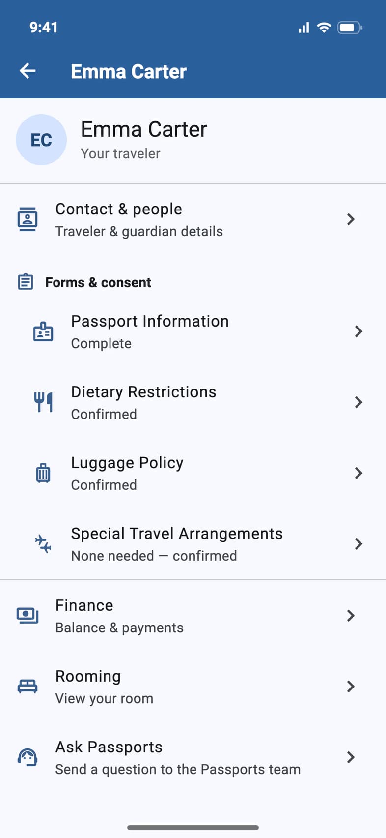 A traveler's account page in PassportsGo, listing Contact & people, Forms & consent, Finance, Rooming and Ask Passports