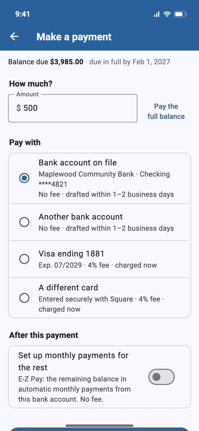 The Make a payment screen with $500 typed into the Amount field and a Pay the full balance link beside it