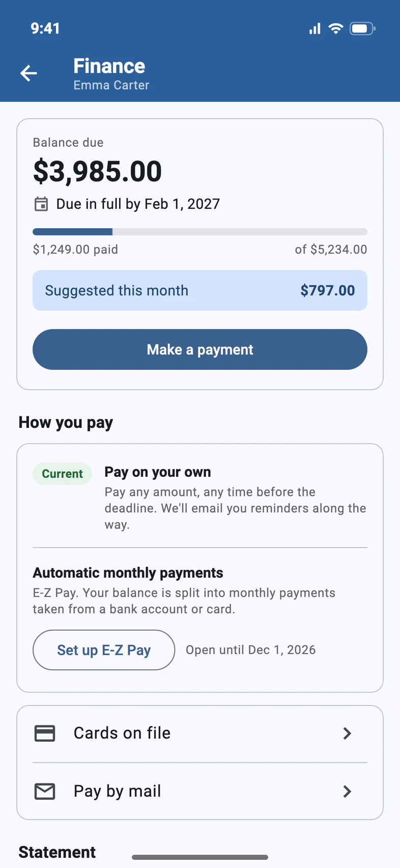 The Finance page: balance due of $3,985.00, due in full by Feb 1, 2027, $1,249 paid of $5,234, and a Make a payment button