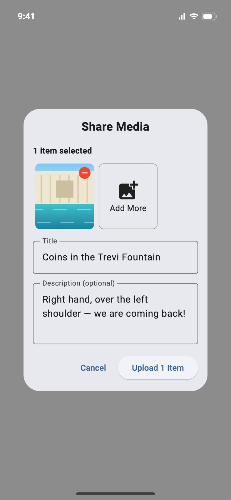 Share Media with one photo selected, Add More, the title Coins in the Trevi Fountain, a description, and Upload 1 Item