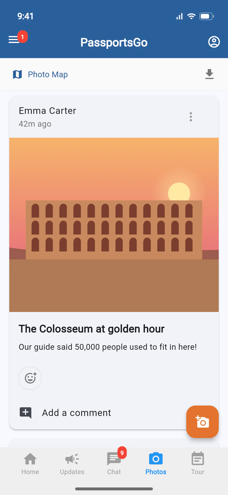 The Photos tab: Emma Carter's post, The Colosseum at golden hour, with a reaction button and Add a comment, Photo Map and download at the top, and an orange camera button