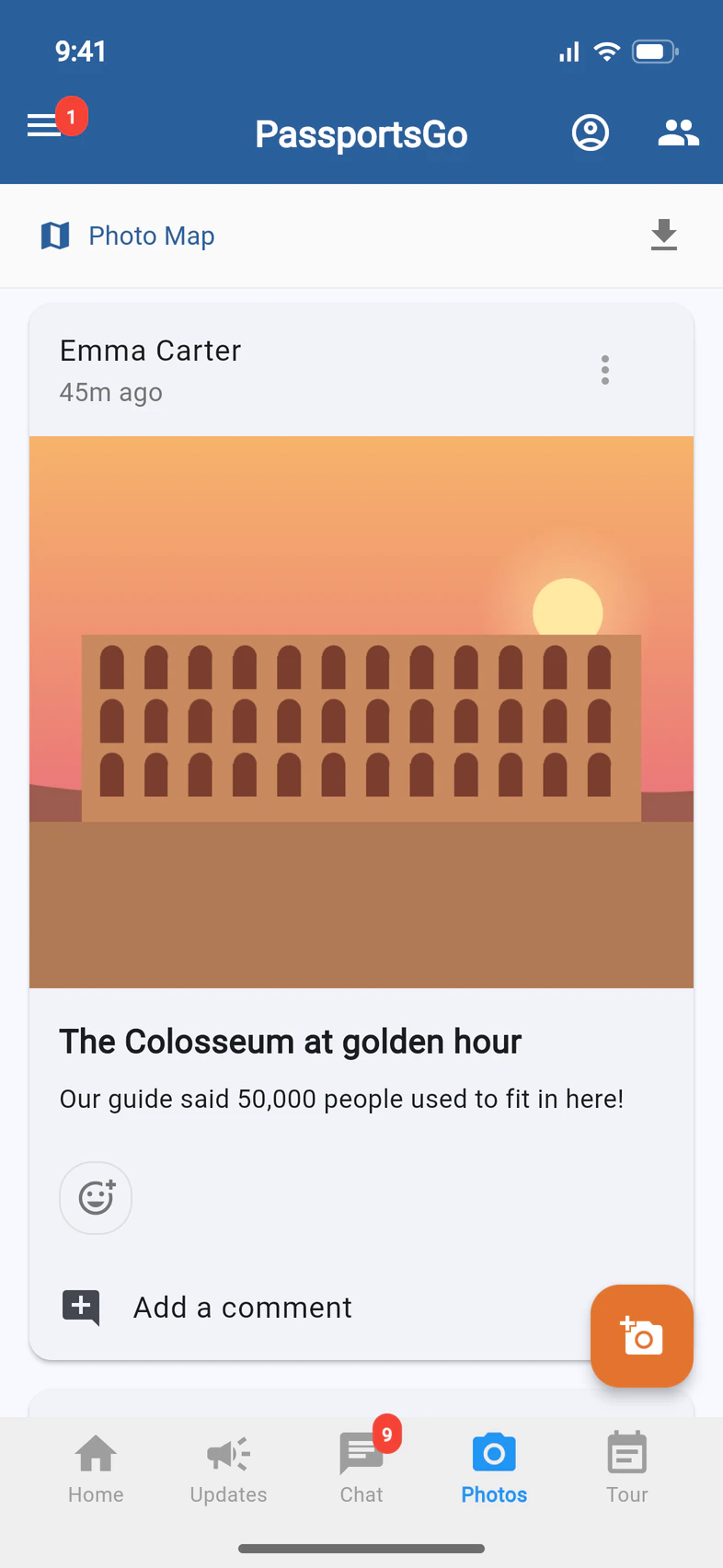 The Photos tab: Emma Carter's post, The Colosseum at golden hour, with a reaction button and Add a comment, Photo Map and download at the top, and an orange camera button