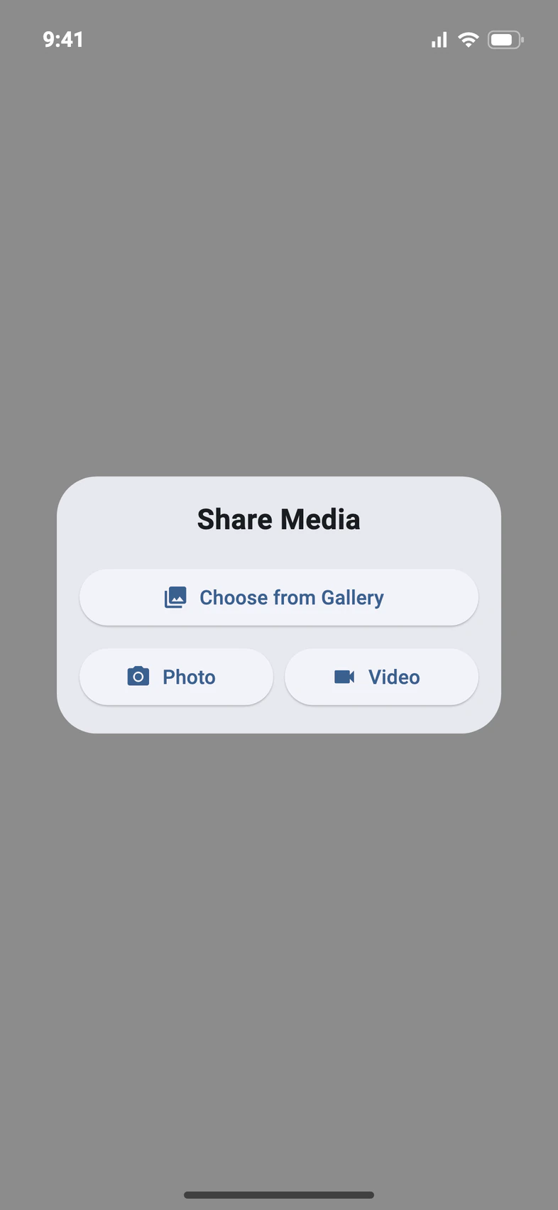 Share Media: Choose from Gallery, Photo and Video