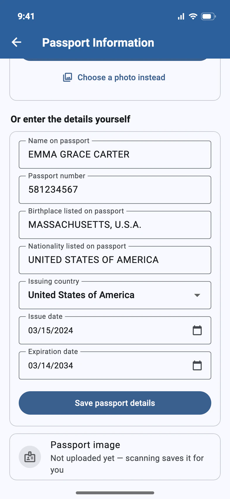 The passport form filled in for EMMA GRACE CARTER, with the issuing country, issue and expiration dates, and a Save passport details button