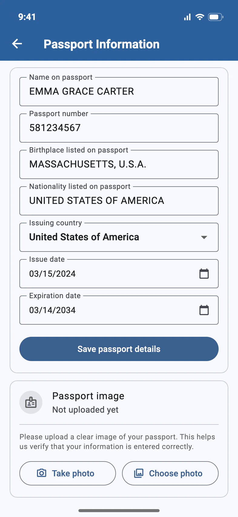 The Passport image section, not uploaded yet, with Take photo and Choose photo buttons