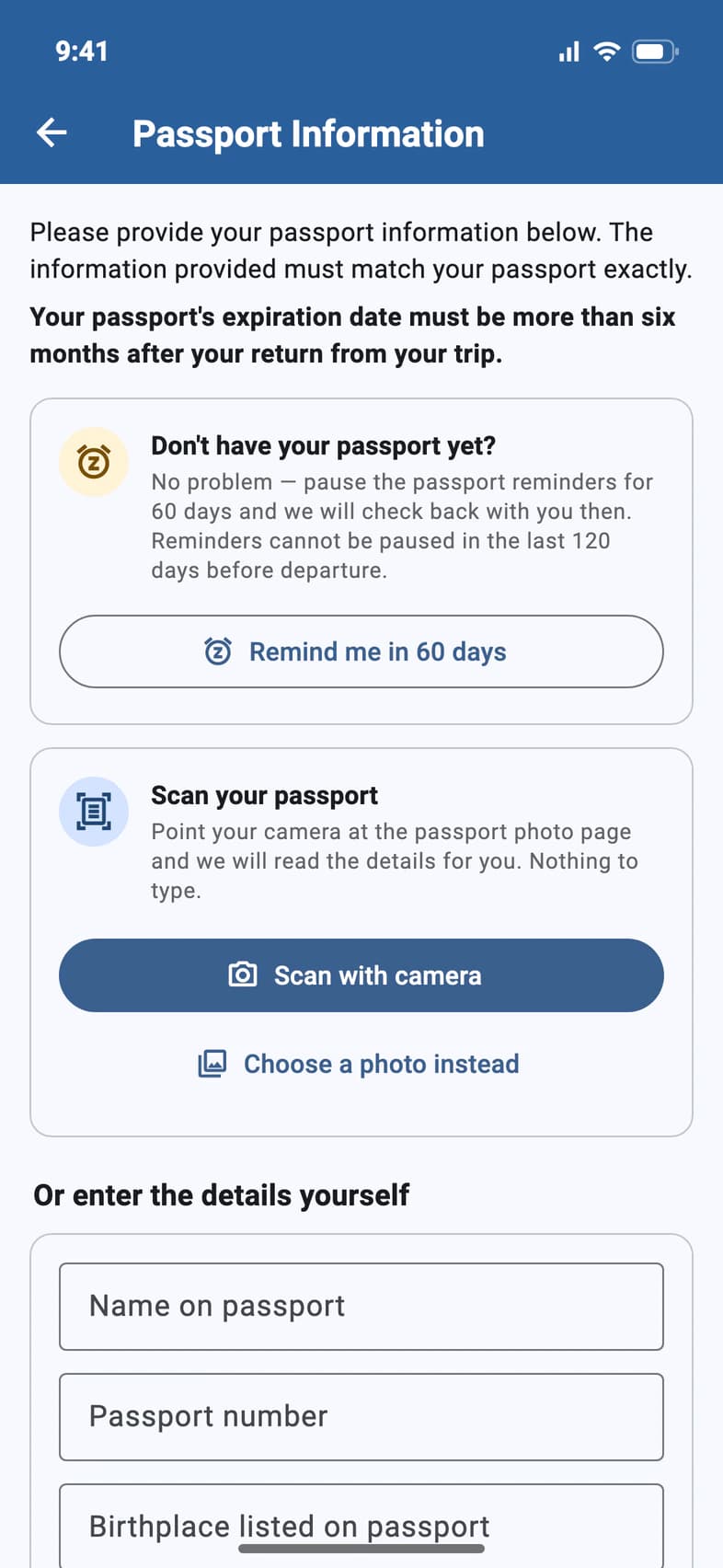 The Don't have your passport yet? card with a Remind me in 60 days button