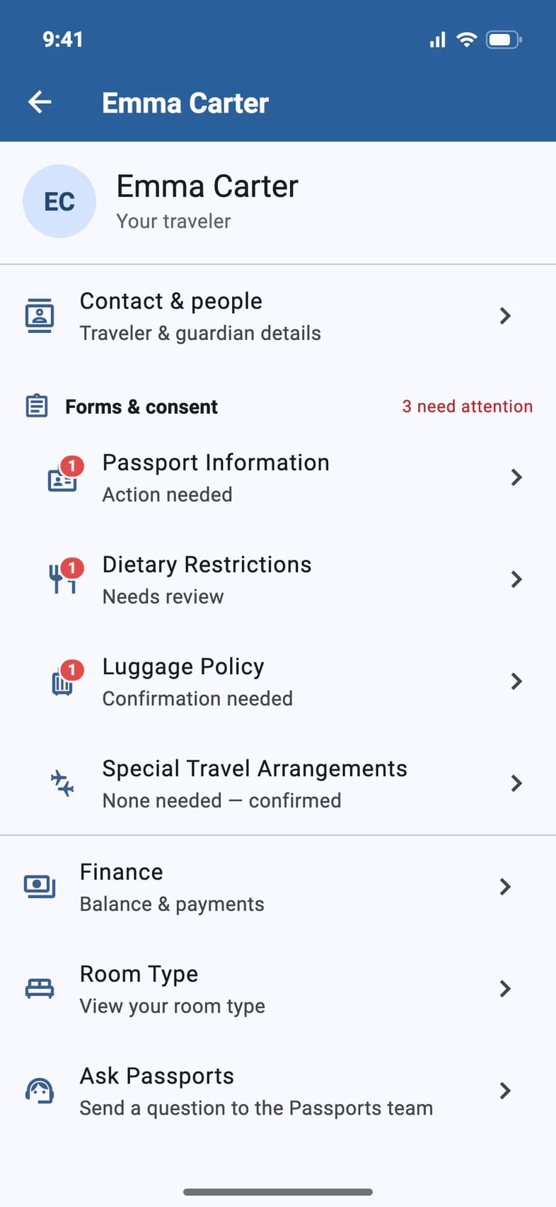 Emma Carter's account page: under Forms & consent, Passport Information shows Action needed with a red 1